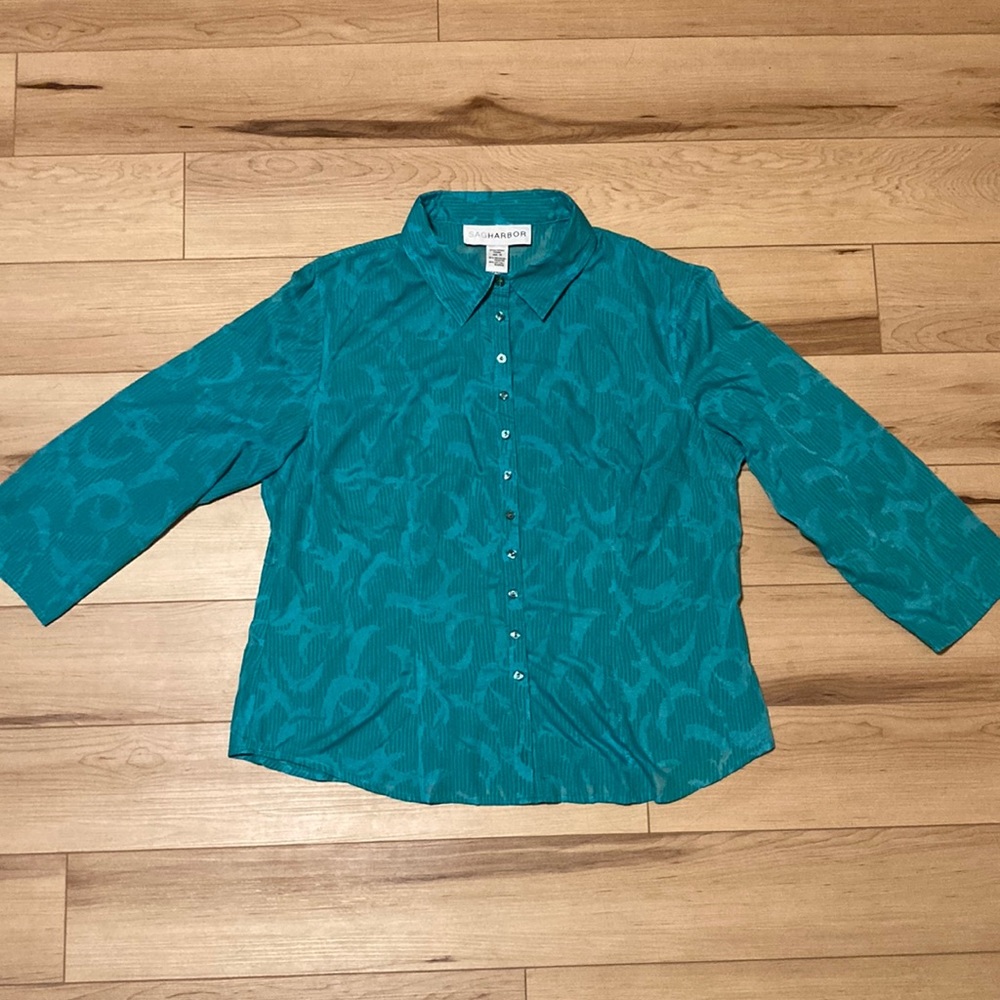 Sag Harbor Women’s Button Up Teal Stripped Pattern Blouse Size 14